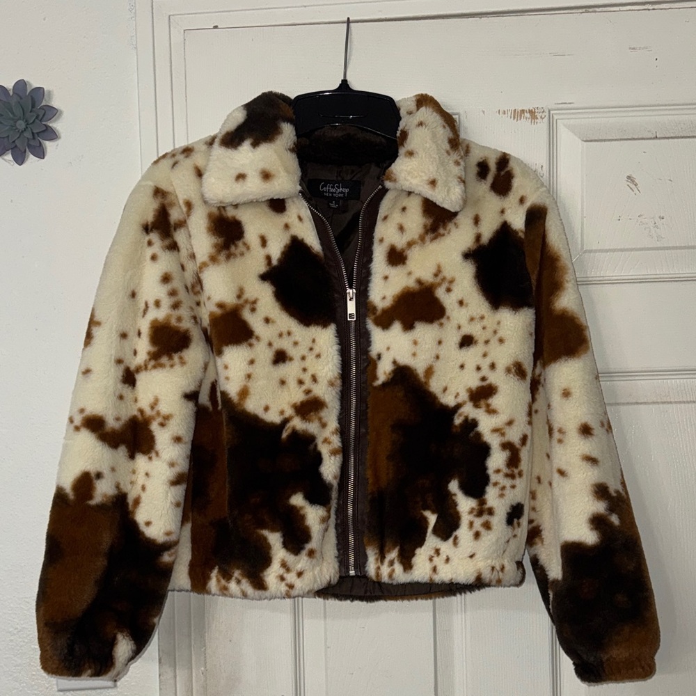 CoffeeShop Brown and White Faux Fur Jacket